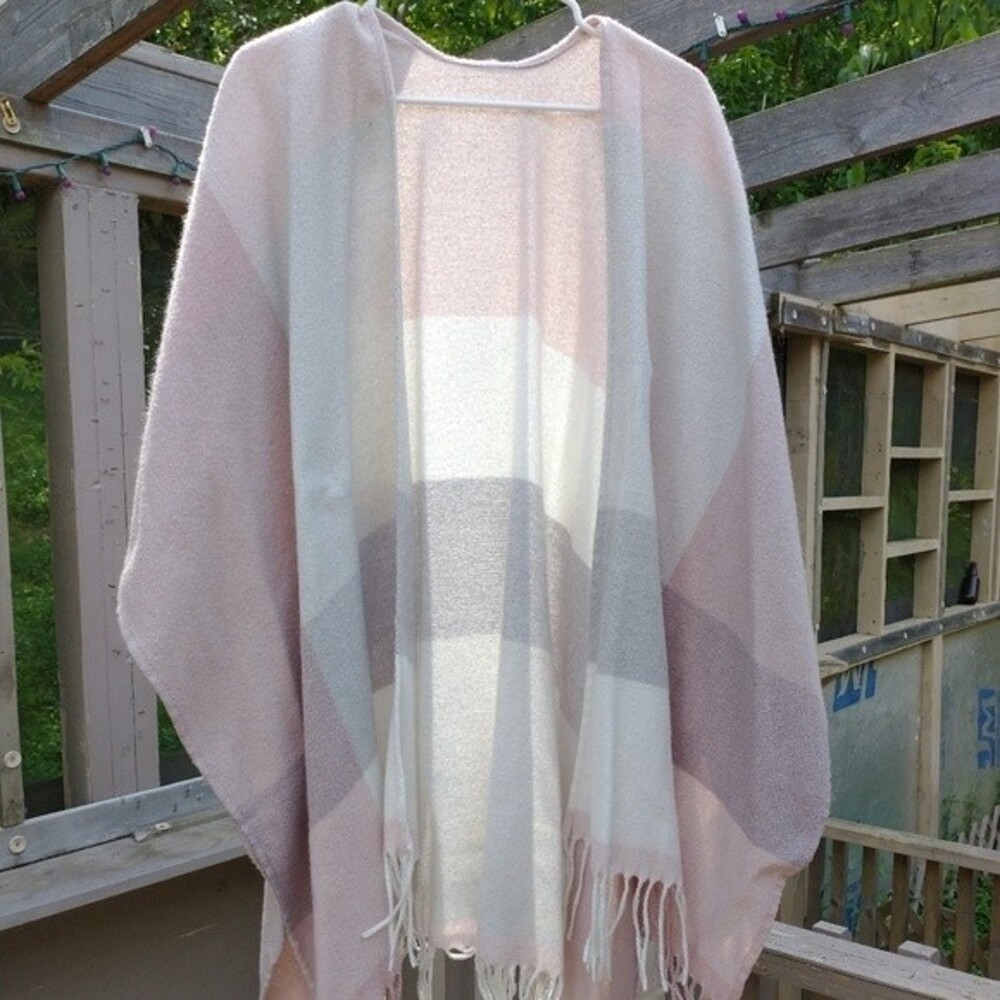 Women's Pink, Grey and Cream Fringed Poncho Blanket